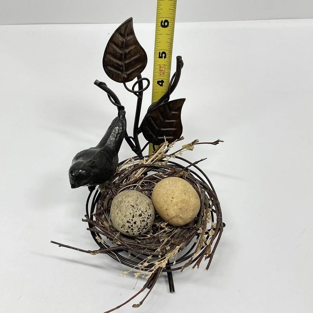 Vintage Decorative Bird Nest Sitter Solid Metal, Twigs & Real Rock Eggs Rustic